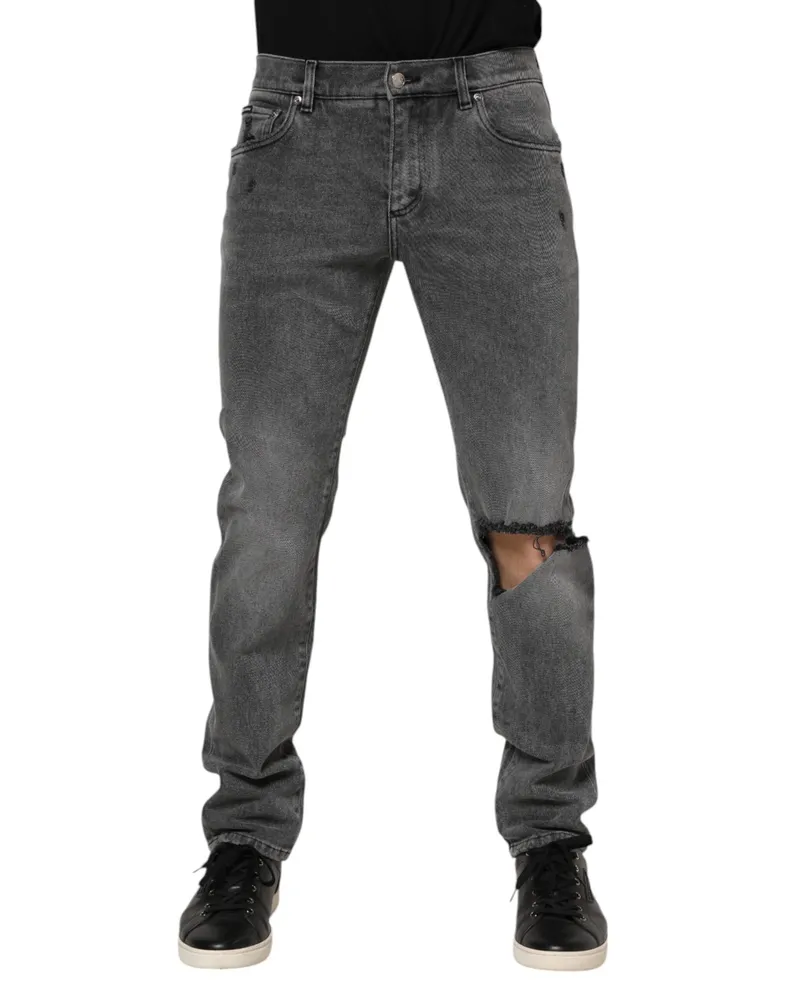 Dolce & Gabbana Men's Gray Cotton Logo Plaque Denim Jeans Elastane Clothing Gray