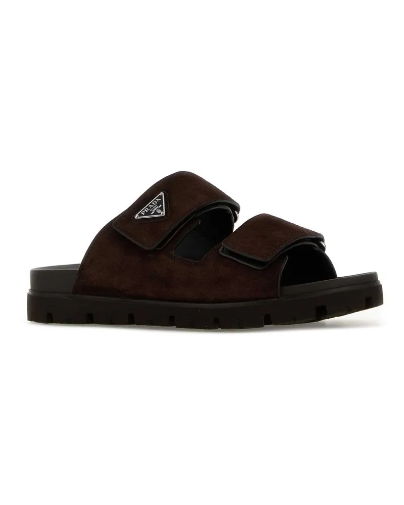 Prada Men's Dark Brown Suede Slippers Moro Flat Shoes Moro