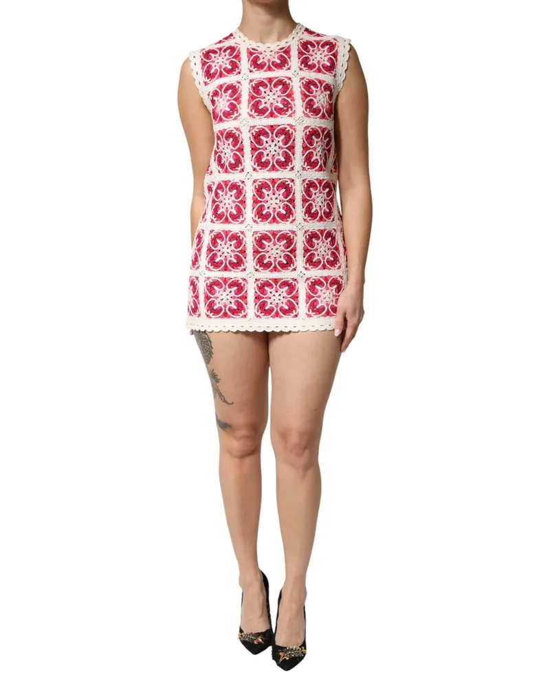 Dolce & Gabbana Women's Multicolor Brick Stitched Crochet Mini Dress Red