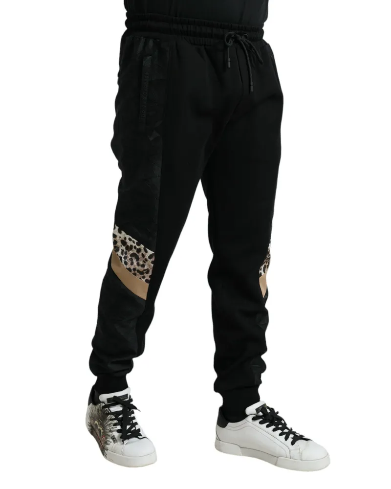 Dolce & Gabbana Men's Leopard-Panel Stretch Joggers Black Polyester Cotton Nylon Black
