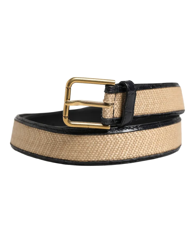 Dolce & Gabbana Men Beige Braided Leather Metal Buckle Belt Caiman Beige