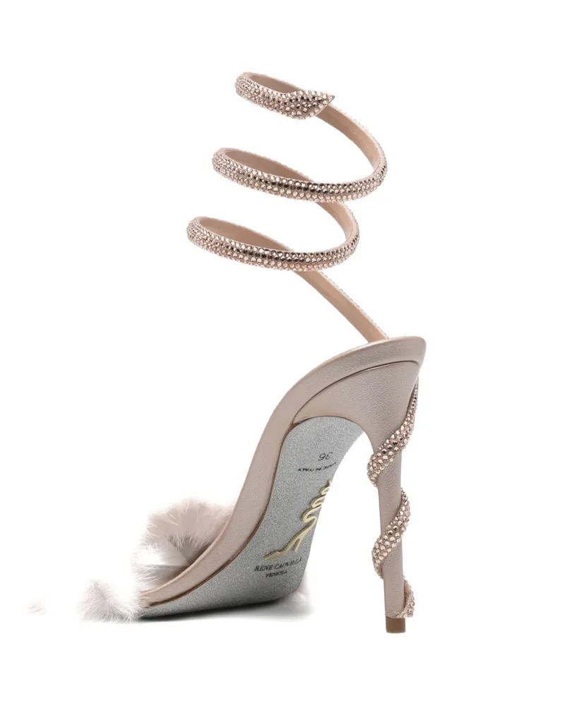 René Caovilla Jeweled Fur-Heel Heel Sandal — Beige Beige