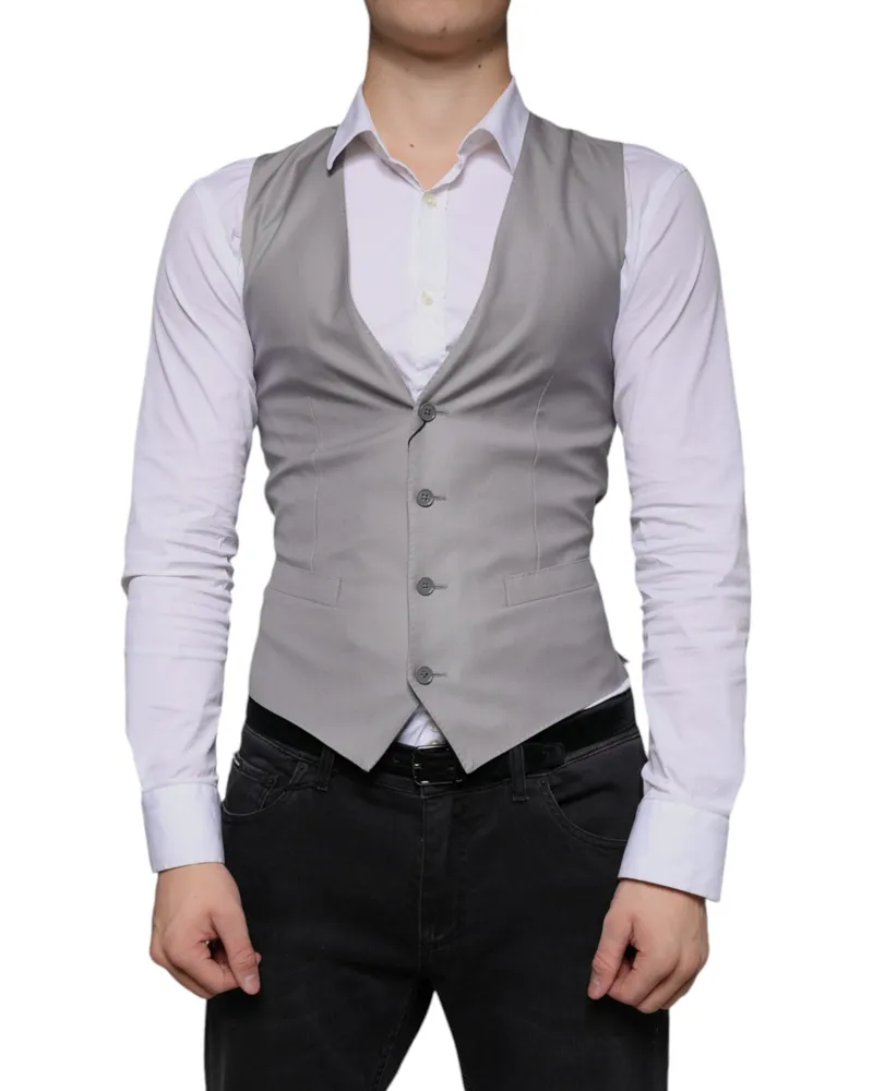 Dolce & Gabbana Men's Light Gray Wool Formal Dress Waistcoat Vest Virgin Silk Gray