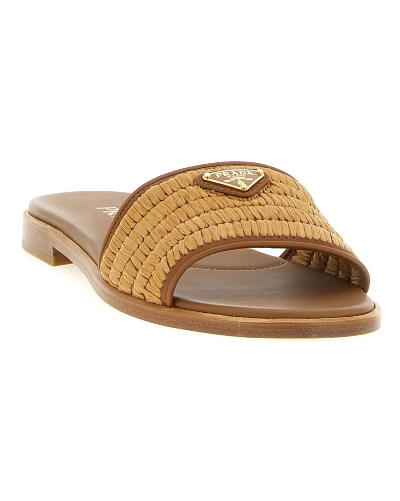 Prada Woven Raffia Slides — Tan Tan