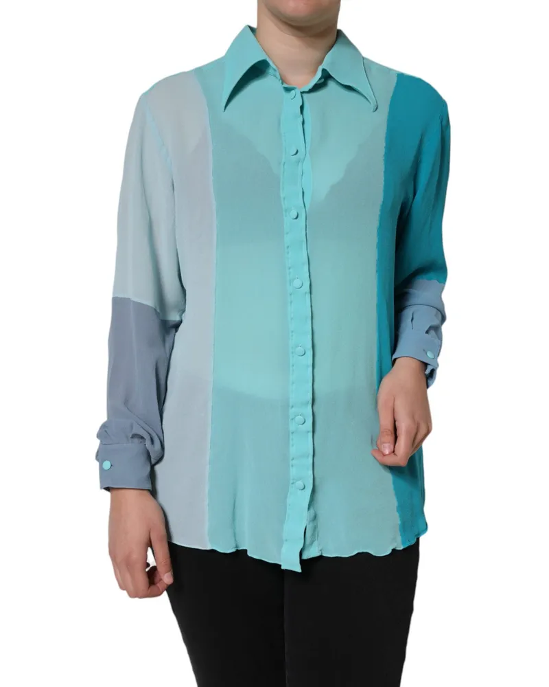 Dolce & Gabbana Women's Multicolor Long Sleeve Button Blouse Top Silk Blue