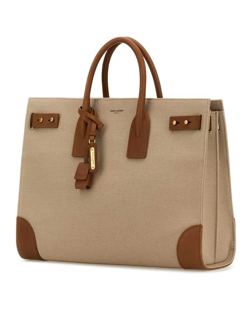 Saint Laurent Men's Two-Tone Canvas And Leather Large Sac De Jour Handbag Desertdustbrick Borse A Mano Beige