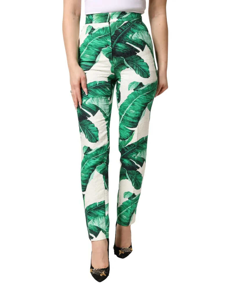 Dolce & Gabbana Women's White Green Leaf High Waist Trousers Pants Co+se White