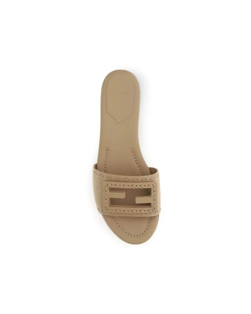 Fendi Women's Beige Calf Leather Bos Taurus Flat Sandals Beige
