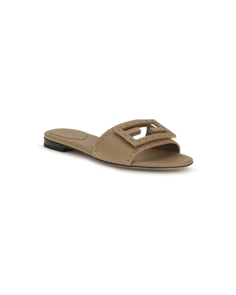 Fendi Women's Beige Calf Leather Bos Taurus Flat Sandals Beige