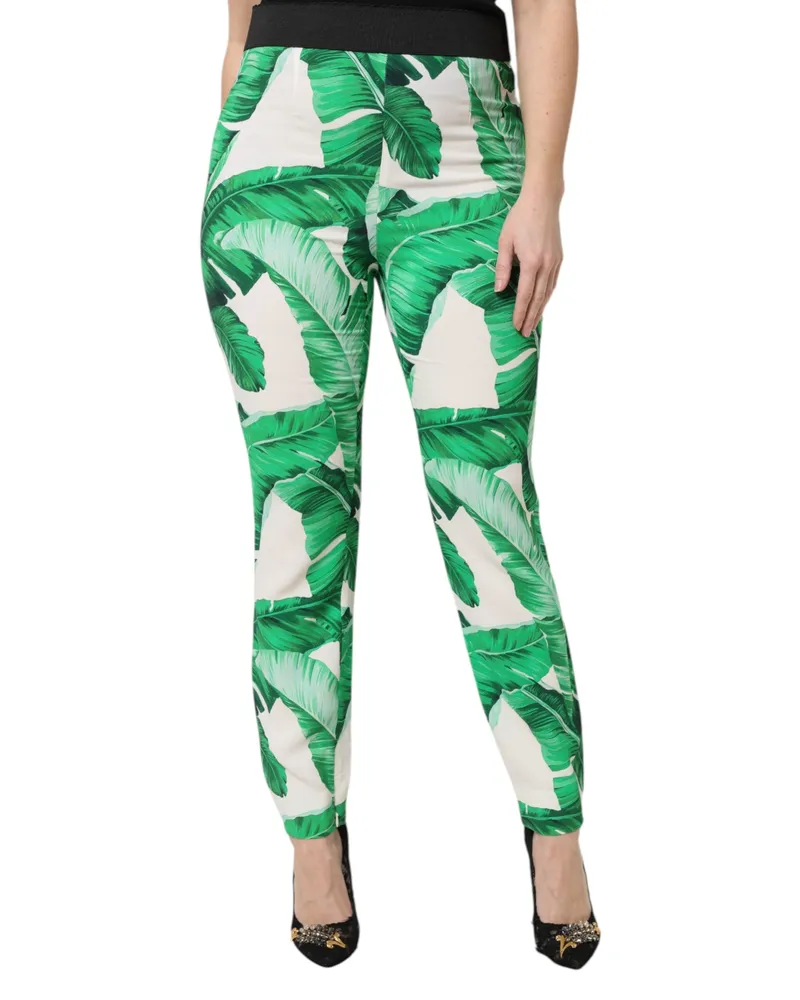 Dolce & Gabbana Women's White Green Leaf High Waist Pants Viscose White