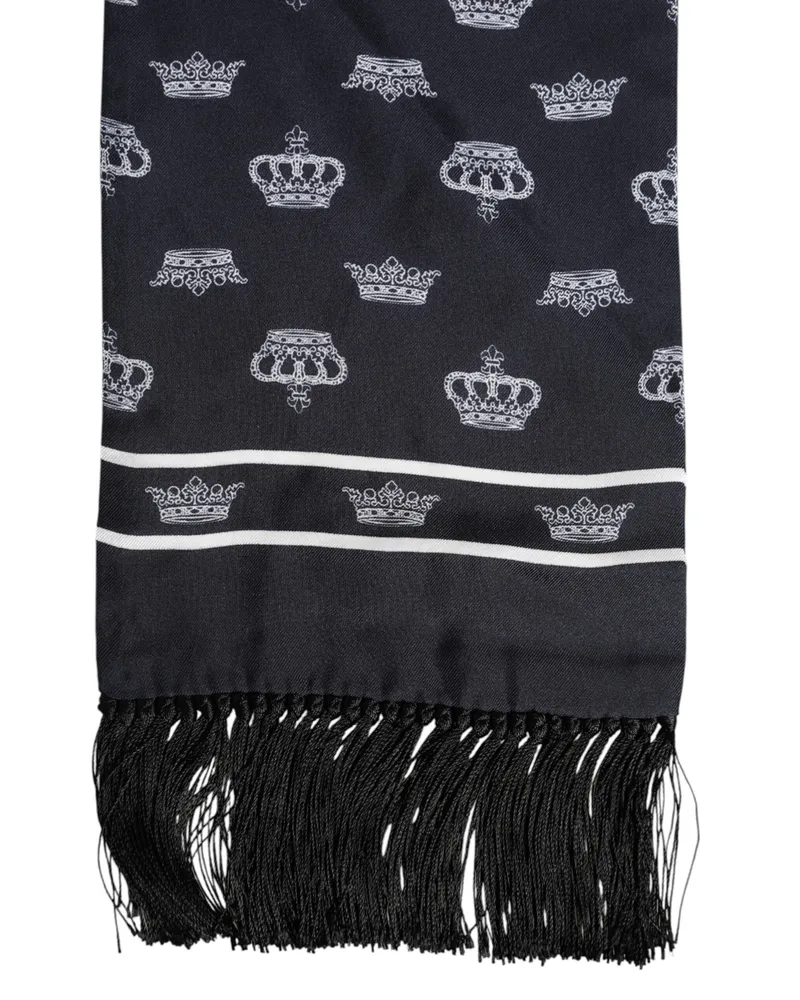 Dolce & Gabbana Black Silk Crown Fringes Men Foulard Scarf Black