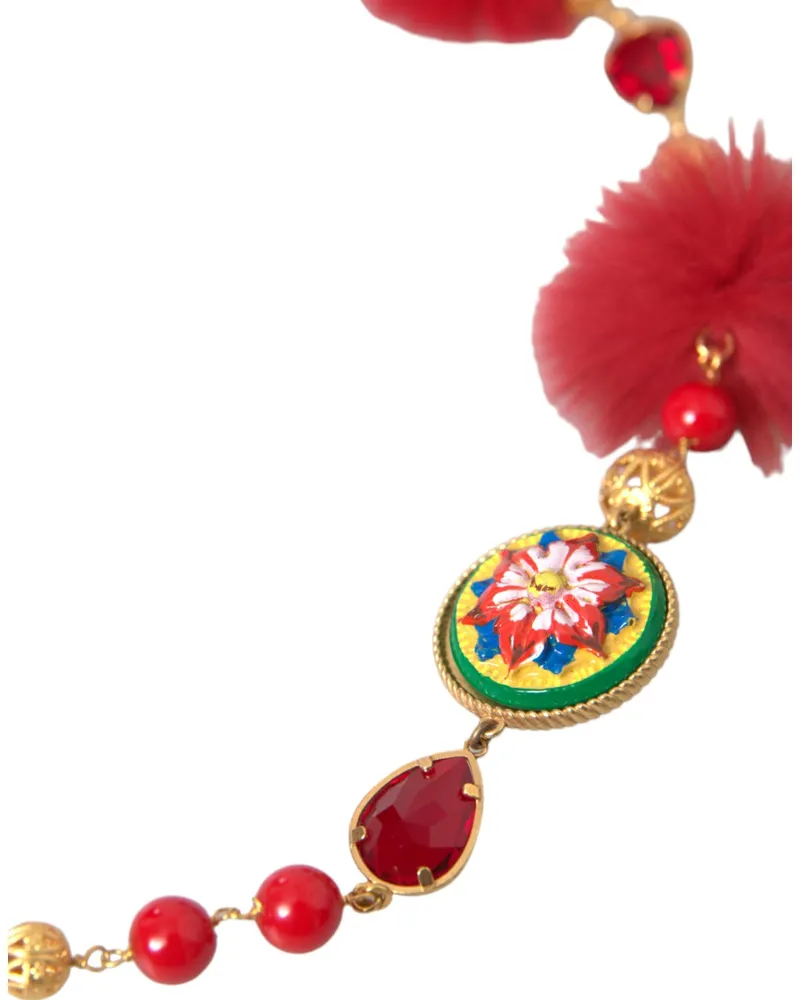 Dolce & Gabbana Women's Gold Brass Red Fur Crystal Carretto Chain Necklace Gold