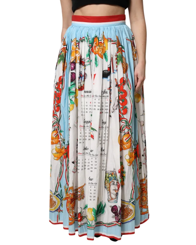 Dolce & Gabbana Women's White Calendar Print Cotton Gathered Maxi Skirt White