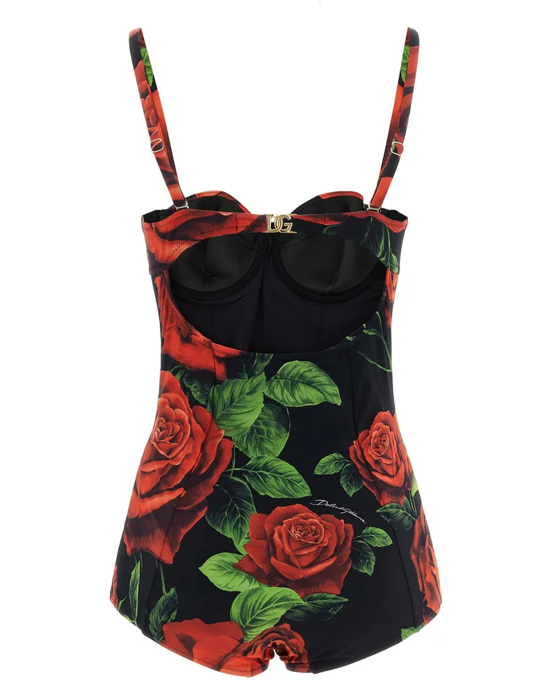 Dolce & Gabbana Rose-Print Balcony One-Piece Swimsuit — Black Black