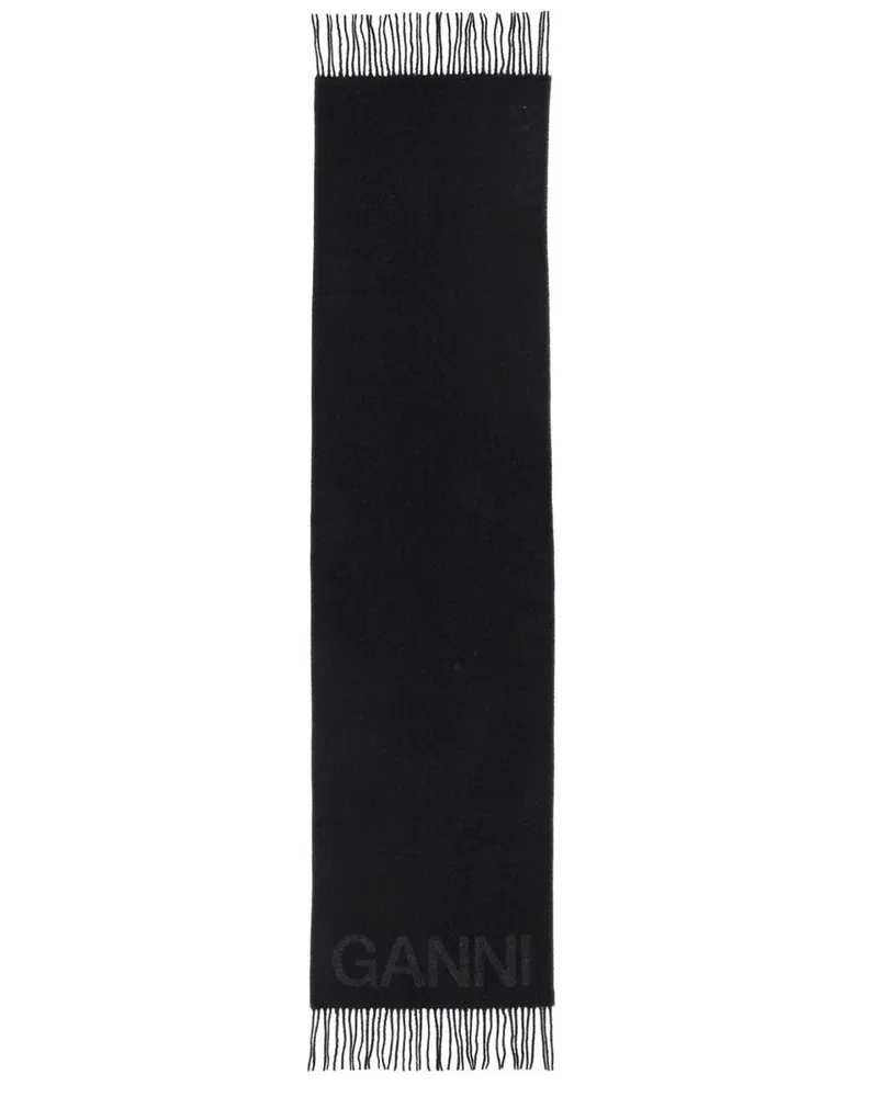 Ganni Logo-Embroidered Recycled Wool Scarf — Black Black