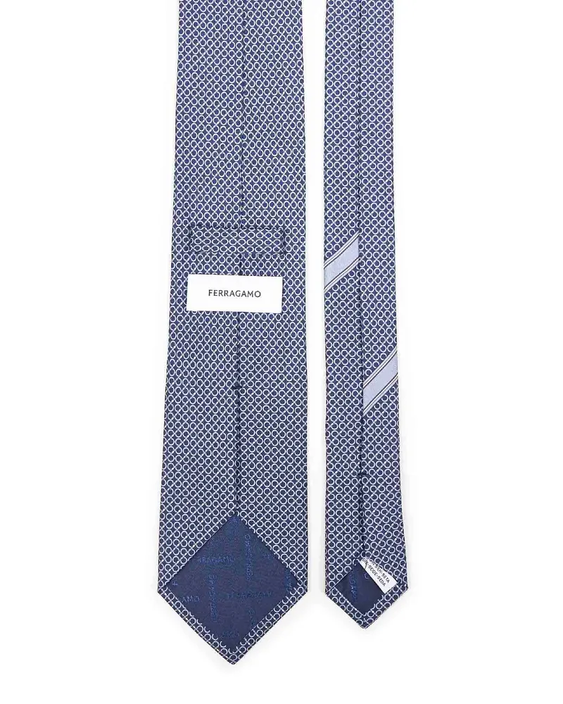 Ferragamo Men's Silk Tie Gancini Print Navy Blue Ties & Bow Navy