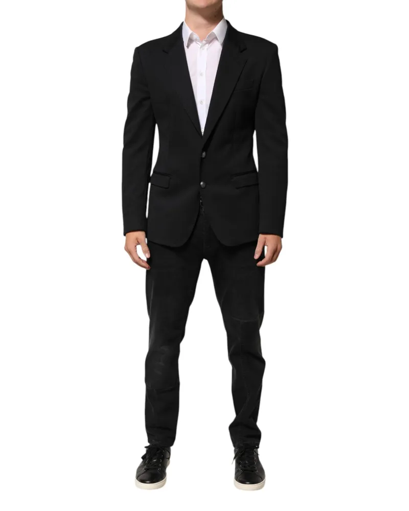 Dolce & Gabbana Dark Blue Cotton Men Jacket Coat Blazer Suit Nylon Black