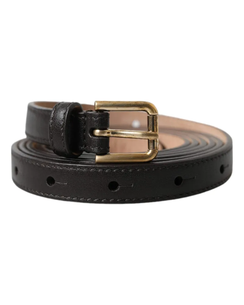 Dolce & Gabbana Women's Black Leather Long Skinny Gold Metal Buckle Belt Calf Black