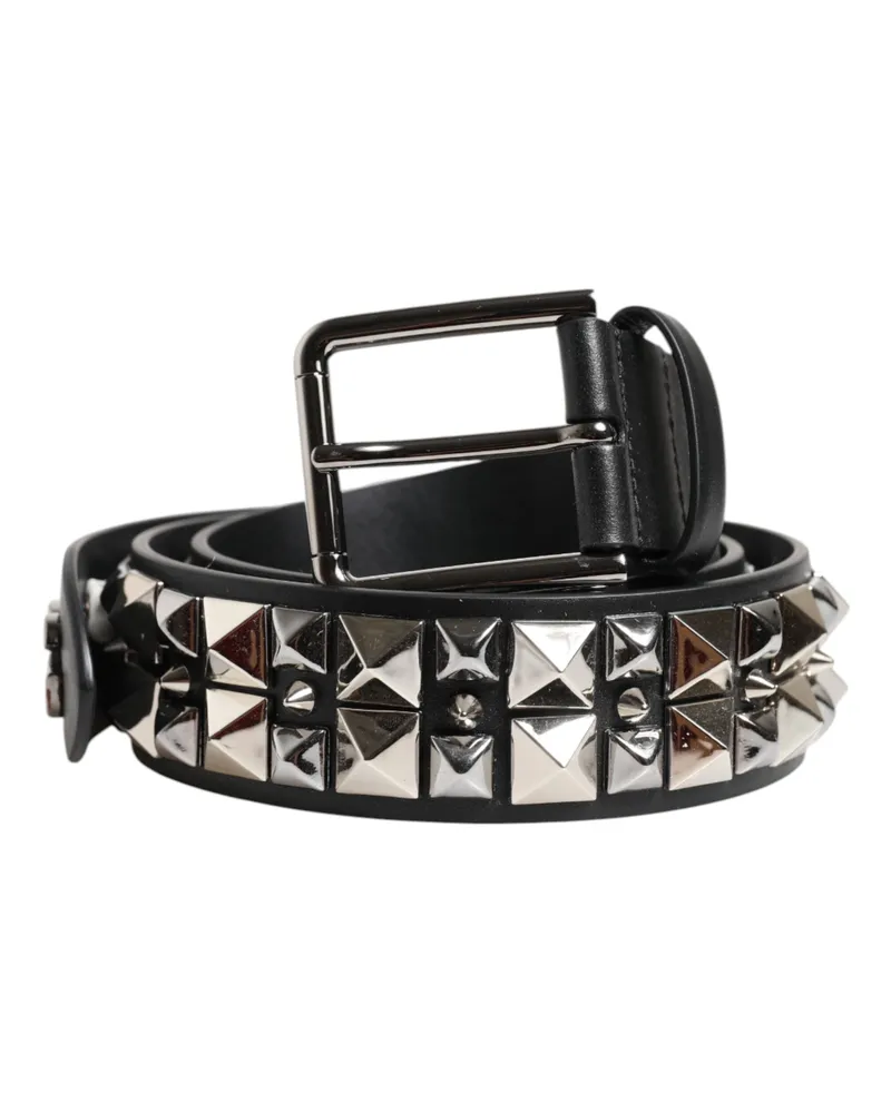 Dolce & Gabbana Men's Black Calf Leather Studded Silver Buckle Belt Black