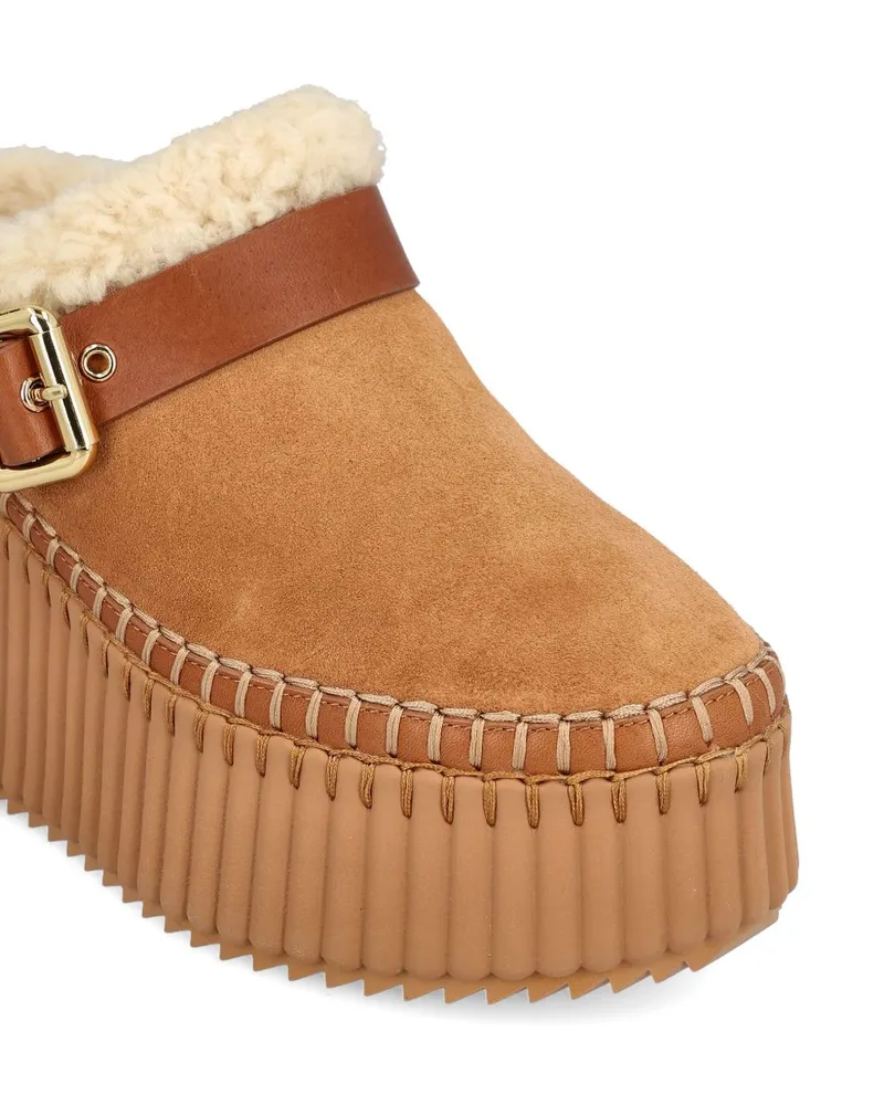 Chloé Shearling-Lined Platform Slipper — Caramel Caramel
