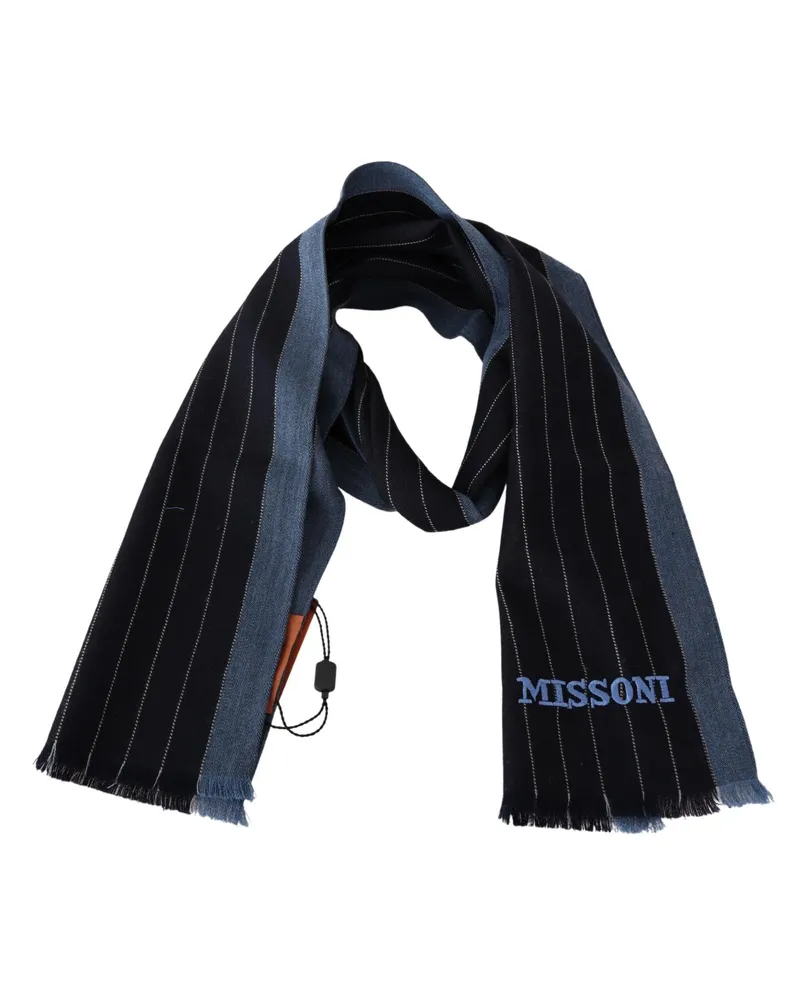 Missoni Men's Black Blue Striped Wool Unisex Wrap Scarf Silk Black