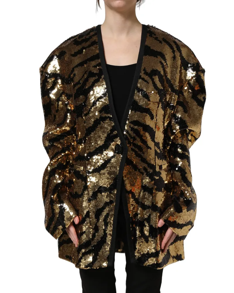 Dolce & Gabbana Women Black Gold Sequin Tiger Stripe Blazer Jacket Polyester Silk Elastodiene Clothing Gold