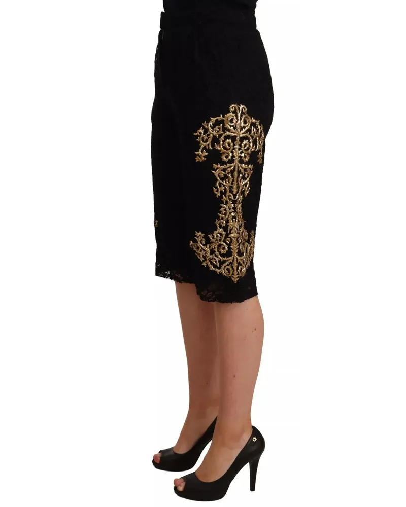 Dolce & Gabbana Women Black Lace Gold Baroque Special Piece Shorts Black
