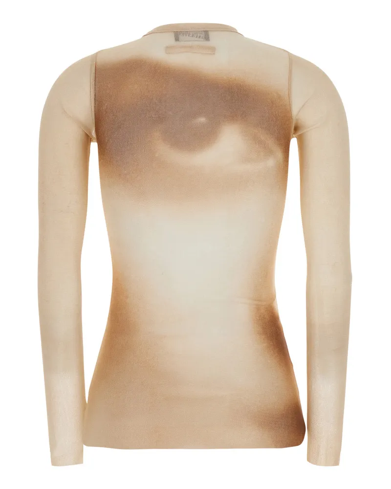 Jean Paul Gaultier Women Long-Sleeved T-Shirt With Face Print Beige Tech Fabric Top Beige