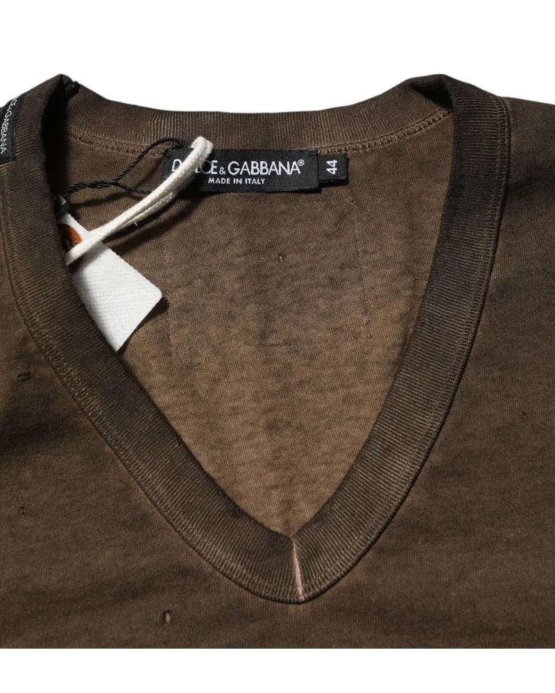 Dolce & Gabbana Dark Brown Cotton Tattered Logo Men T-Shirt Brown