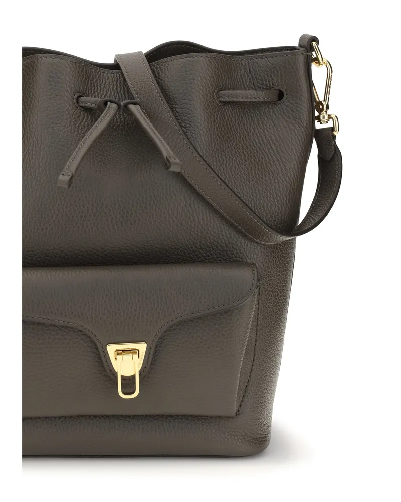 Coccinelle Women's Bucket Bag Beat Generation Taupe Calf Leather Shoulder Gray