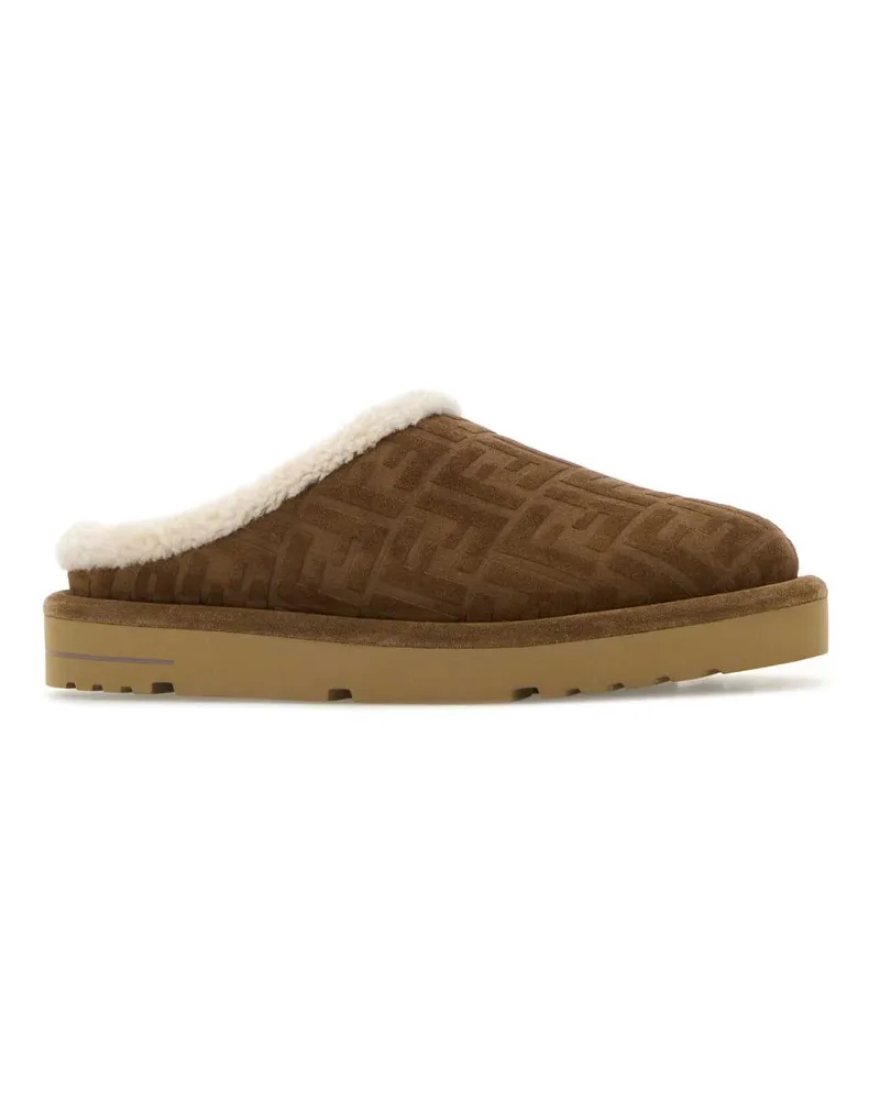 Fendi Men's Brown Suede Slippers Flat Shoes Brown