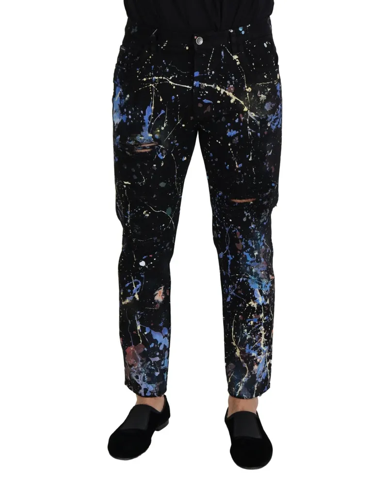 Dolce & Gabbana Men's Black Cotton Splash Print Denim Jeans Clothing Black