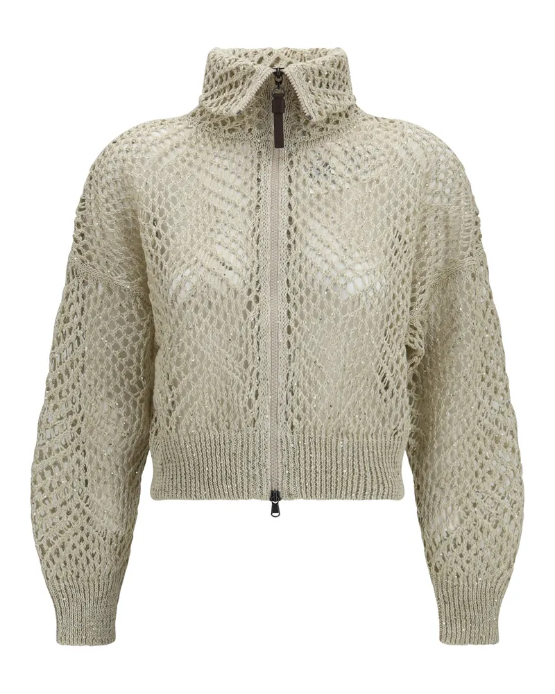 Brunello Cucinelli Open-Knit Linen Cardigan — Beige Beige