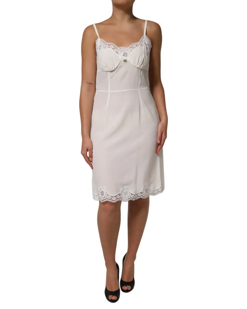 Dolce & Gabbana Women's White Lace Gold Dg Logo Silk Dress Sleepwear Cotton Nylon Elastane White