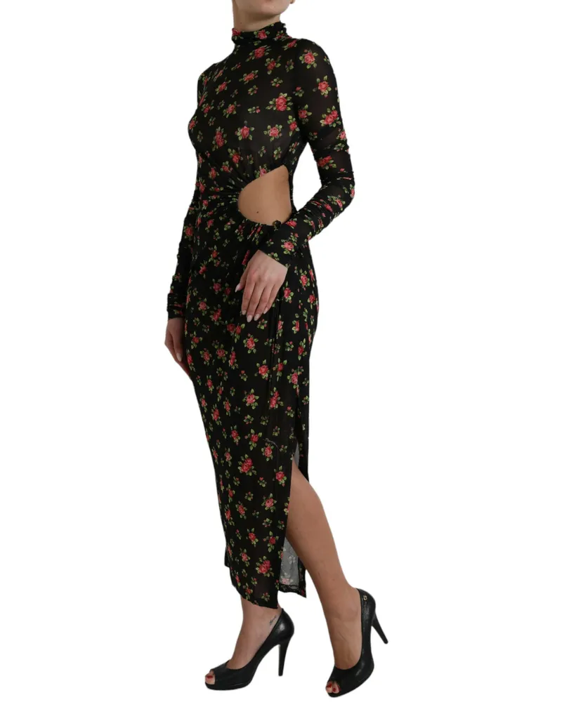 Dolce & Gabbana Women Black Floral Cut Out Sheath Long Maxi Dress Nylon Elastane Silk Black