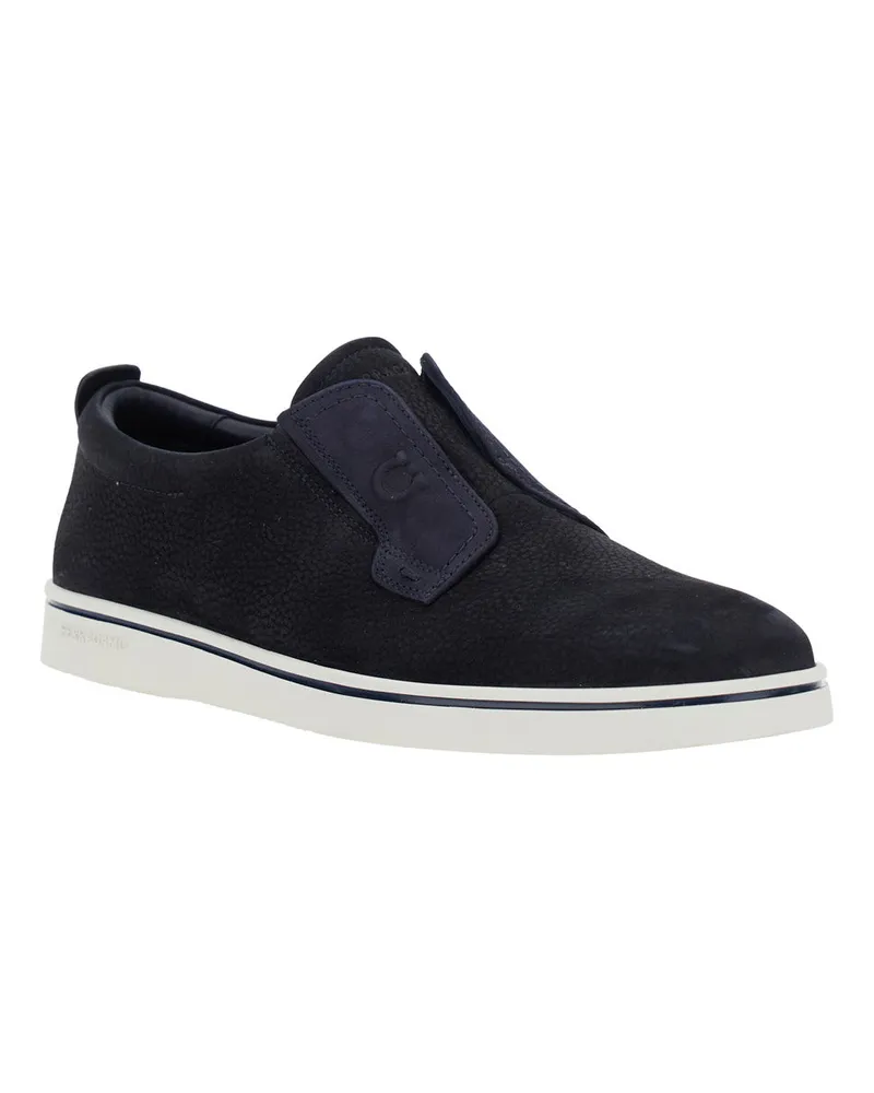 Ferragamo Men's Blue Laceless Oxford Shoes With Round Toe Calf Trainers Sneaker Navy