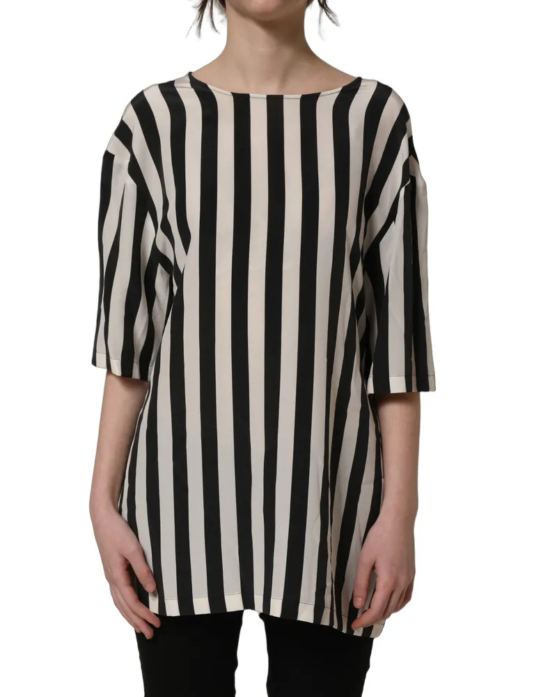 Dolce & Gabbana Women Black White Stripes Round Neck Blouse Top Silk Black