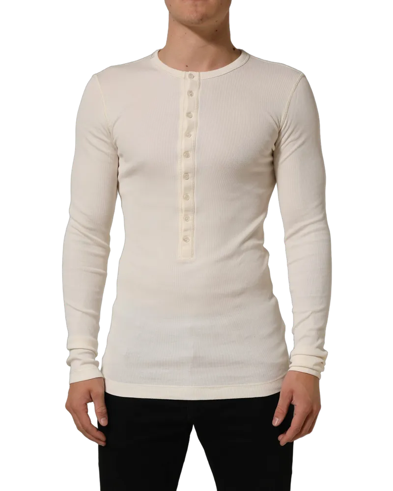 Dolce & Gabbana Men's Off White Cotton Henley Long Sleeves T-Shirt White