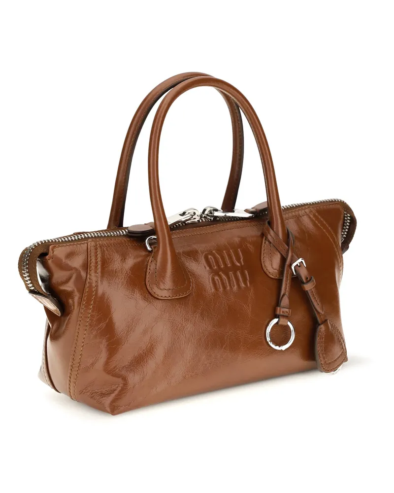 Miu Miu Women's Glossy Leather Handbag Rosewood Calf Handbags Hand Bags Brown