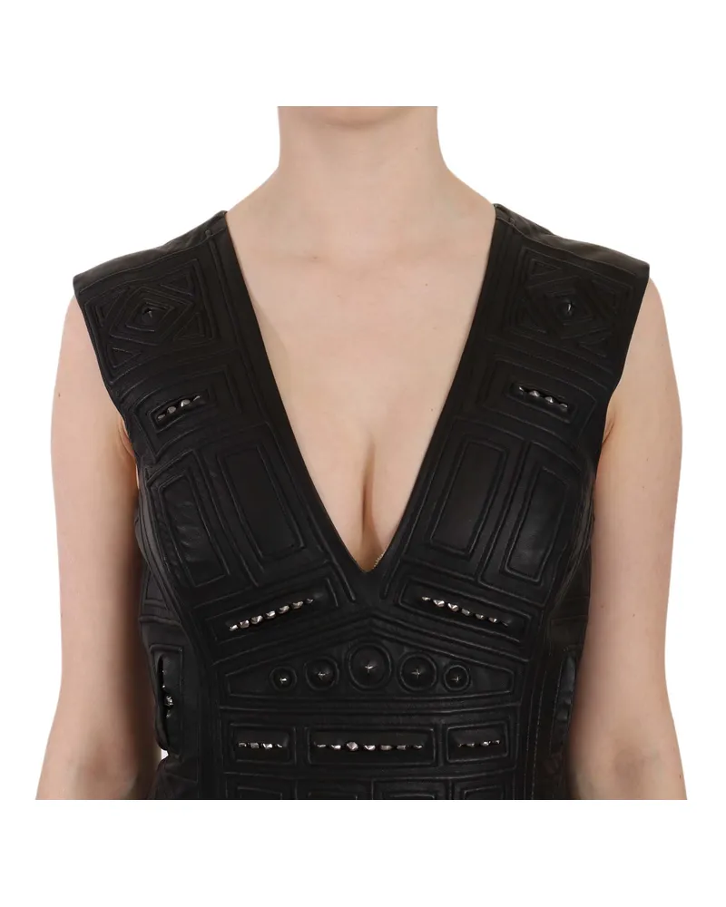 John Richmond Women's Black Leather Studded Mini Shift Dress Black