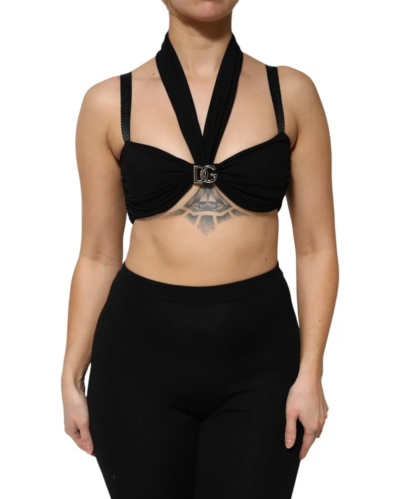 Dolce & Gabbana Women Black Cropped Viscose Halter Bustier Top Polyester Silk Black