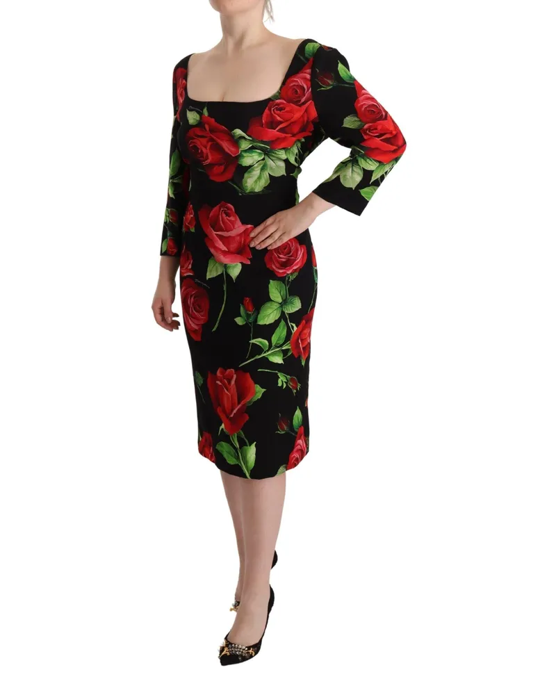 Dolce & Gabbana Women's Black Red Roses Sheath Stretch Silk Dress Elastane Black