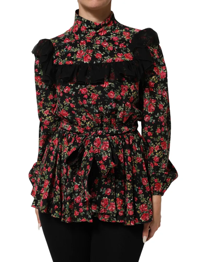 Dolce & Gabbana Women's Black Floral Print Long Sleeve Blouse Top Black