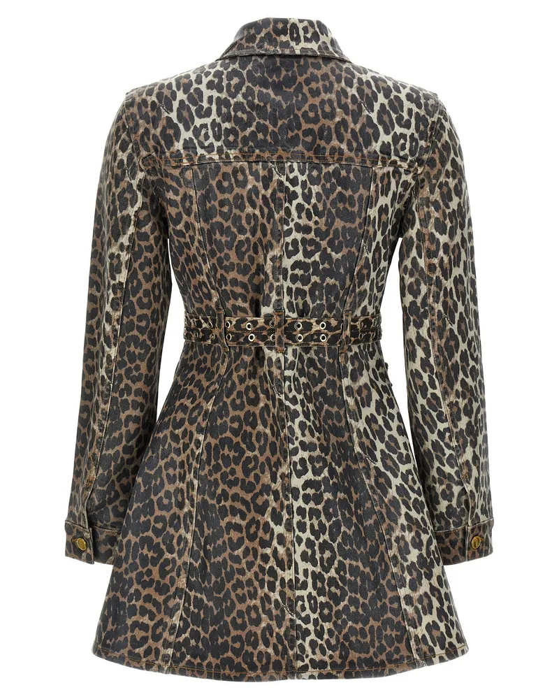 Ganni Leopard Print Cotton Denim Dress — Black Black