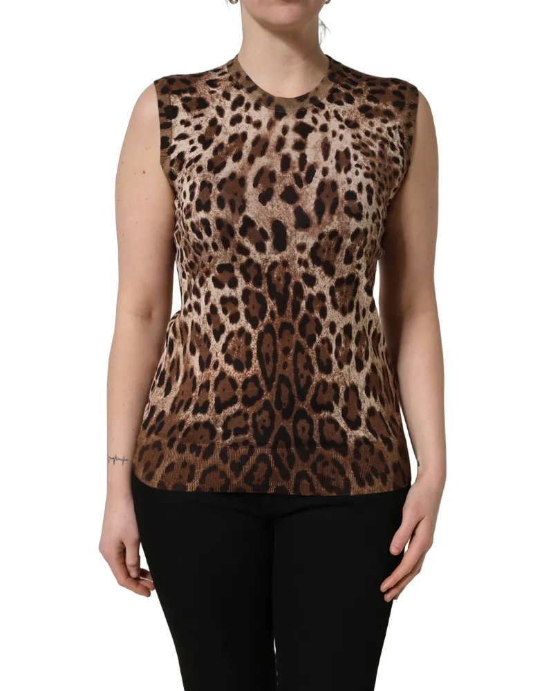 Dolce & Gabbana Women's Brown Leopard Crew Neck Sleeveless Tank Top Silk Cashmere Brown