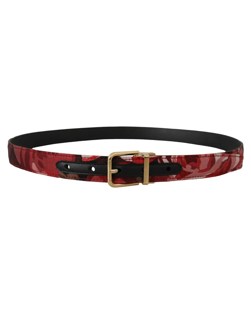 Dolce & Gabbana Men's Red Jacquard Rose Leather Gold Metal Buckle Belt Red