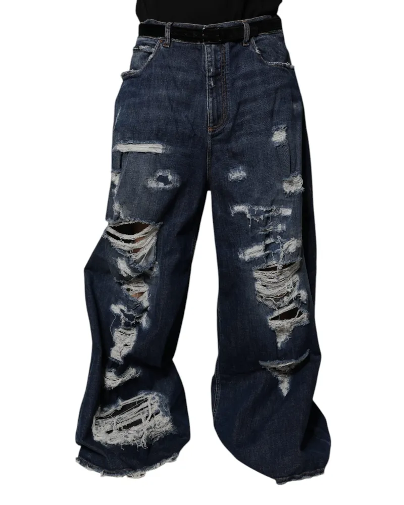 Dolce & Gabbana Dark Blue Tattered Wide Leg Men Denim Jeans Cotton Elastane Clothing Navy