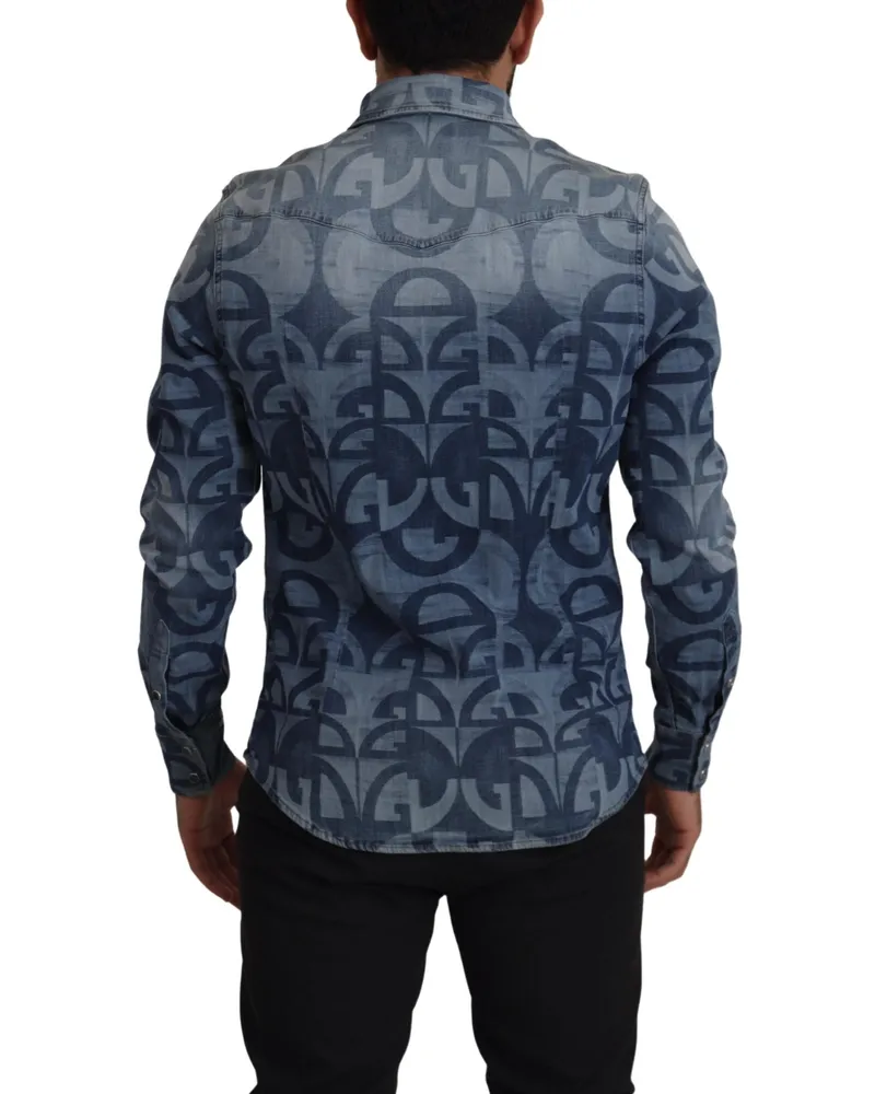 Dolce & Gabbana Blue Denim Stretch Dg Logo Casual Mens Slim Shirt Cotton Blue