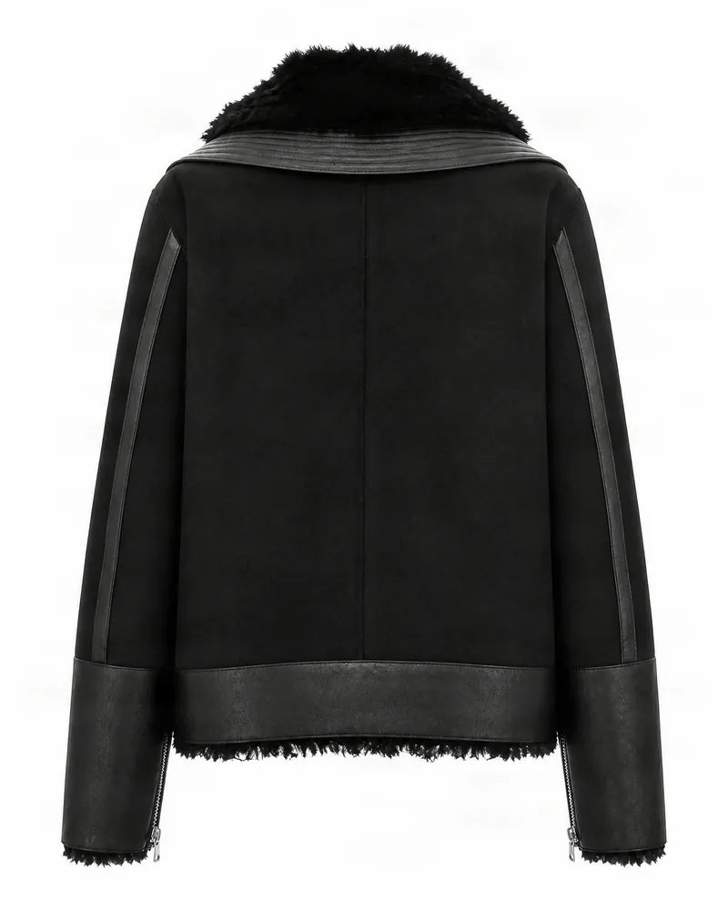 Patrizia Pepe Faux Leather with Fur Collar Jacket — Black 