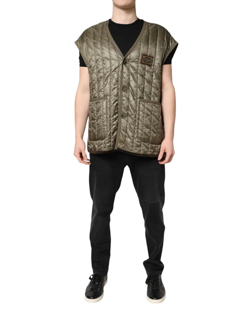 Dolce & Gabbana Men's Brown Logo Plaque Quilted Vest Jacket Nylon Clothing Brown